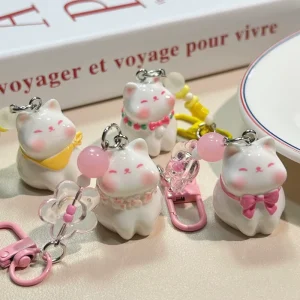 Cute 3D Cat Keychain with Flower Bead Pendant INS Sweet Girly Animal Beaded Charm Lovely Bag Ornament Birthday Gift