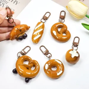 Cute 3D Fun Food Toy Bread Resin Keychain Cartoon Food Bagel Baguette Pretzel Bread Phone Case Charm Bag Pendant Car Key Chain