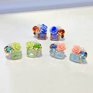 Cute 3D Rose Flower Stud Earrings 18K Gold Plated Copper Multi Color Crystal Pearl Earrings Kawaii Floral Jewelry Gift