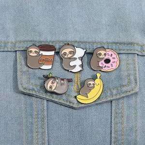 Cute Animal Sloth Enamel Pins Fun Banana Coffee Donut Brooch Metal Badge Bag Clothes Accessories Custom Enamel Pins in Stock