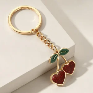 Cute Bag Charm Key Ring Metal Enamel Red Cherry Keychain Accessories for Women