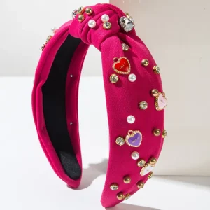 Cute Baroque Pearl Rhinestone Enamel Love Heart Hair Accessories Pink Bowknot Hair Bands for Engagement Wedding Valentines Day