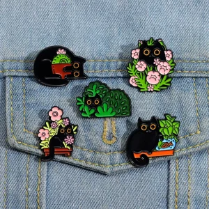 Cute Black Cat Enamel Brooch Cactus Plant Potted Flower Grass Coal Cat Cartoon Metal Badge Punk Lapel Pins Jewelry Accessories