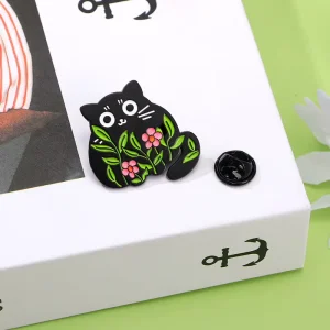 Cute Black Cat Rose Enamel Badge Big Eyed Floral Pattern Romantic Rose Blue Leaf Women’s Unisex Gift Accessories
