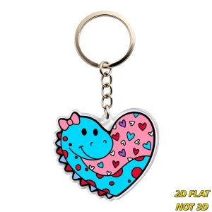 Cute Blue Dinosaur Heart Keychain Smiling Dino with Pink Bow & Multi Color Hearts Acrylic Charm Whimsical Love Themed Accessory