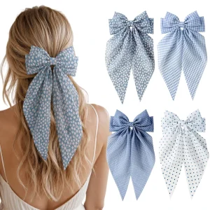 Cute Blue Series Big Bow Hair Clips Summer Dot Plaid Floral Long Ribbon Hairpin Chiffon Fabric Hair Accessories for Women Girls