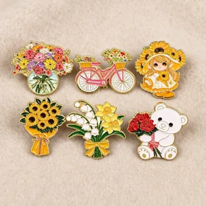 Cute Bouquet Girl Plated Metal Enamel Pins Brooch Backpack Clothes Badges Jewelry Accessories Gifts