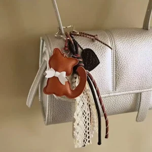 Cute Bow Cat Head Keychain Lace Tassel PU Leather Bag Charm Sweet Fashion Pendant Handbag Ornament Key Ring