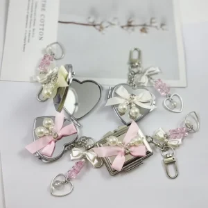 Cute Bow Purse Animal Heart Mirror Keychain Charm Accessories Zinc Alloy Car Metal Makeup Mirror Keyring Bag Pearl Phone Pendant