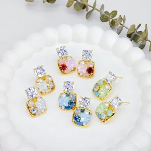 Cute Butterfly Crystal Square Stud Earrings 18K Gold Plated Copper Multi Color Gemstone Kawaii Spring Summer Jewelry Gift