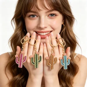 Cute Cactus Keychain Personality Rhinestone Car Key Chains for Purse Charm Pendant Valentine’s Day Gift Bag Accessories
