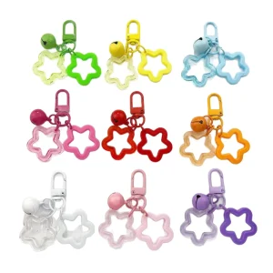 Cute Candy Color Hollow Star Keychain with Bell Kawaii Bag Pendant Charm for Backpack Car Key Women Girls Gift