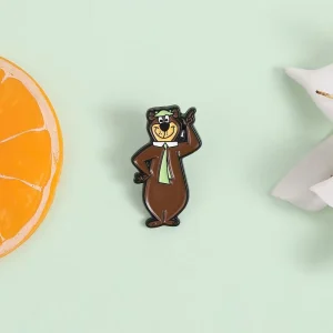 Cute Cartoon Brown Bear Enamel Pin Green Hat Tie Brooch Lapel Badge Fashion Jewelry Gift