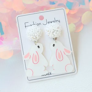 Cute Cartoon Bunny Earrings White Rice Pearl Rabbit Acetate Acrylic Hook Dangle Earrings