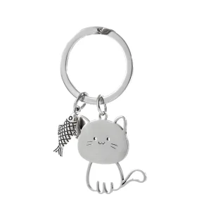 Cute Cartoon Cat Eating Fish Stainless Steel Keychain Bag Charms Key Pendant Support Customization
