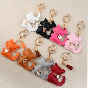 Cute Cartoon Cat PU Leather Key Ring Fashion Animal Hanging Ornaments Car Keychain Promotional Gift Charms