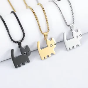 Cute Cartoon Cat Pendant Necklace Stainless Steel Box Chain Black Gold Silver Charm Hello Cat Necklace for Pet Lover