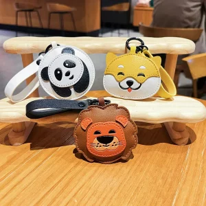 Cute Cartoon Design Bag Charm Leather Animal Dog Puppy Panda Lion Keyring Keychain Leather Animal Wristlet Accessories for Woman