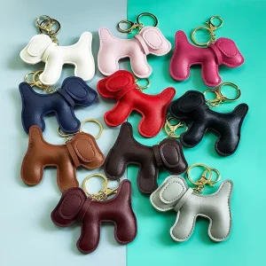Cute Cartoon Dog Keychain PU Leather Bag Charm Car Key Ring Pendant Animal Backpack Ornament Custom Logo