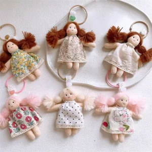 Cute Cartoon Doll Keychain with Floral Dress Braided Hair Girl Cloth Doll Pendant Fashion Bag Hanging Ornament Decor for Women