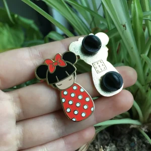 Cute Cartoon Girl Doll Enamel Lapel Pin Red Polka Dot Minnie Ear Metal Brooch Decorative Badge for Kids Custom Logo