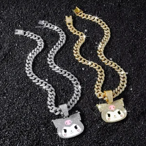 Cute Cartoon Kuromi Pendant Necklace Crystal Rhinestone 14K Gold Plated Cuban Link Chain Y2K Hip Hop Trend for Women Children