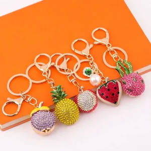 Cute Cartoon Metal Artificial Fruit Pineapple Strawberry Mangosteen Pendant Charms Car Keychain for Bag Decorative Gifts