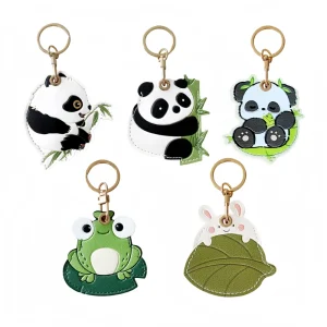 Cute Cartoon PU Leather Keychain Panda Frog Rabbit Bamboo Leaf Design Handbag Backpack Charm Fashion Gift for Women Kids