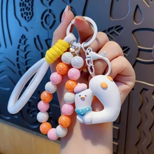 Cute Cartoon Resin Duck Bead Chain Letter Keychain for Women Fashionable Car Key Ring & Exquisite Bag Charm Gift