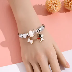 Cute Cartoon Snoopy Crystal Bangle Stainless Steel Pvd Plated Waterproof Anti Allergy Open Adjustable Bracelet for Women