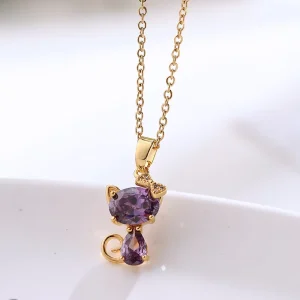 Cute Cat Full Diamond Luxury Necklace Women Stainless Steel Jewelry