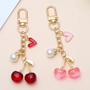 Cute Cherry Heart Resin Keychain Europe America Style Niche Affordable Luxury Faux Pearl Charm Sweet Bag Car Keychain Pendant