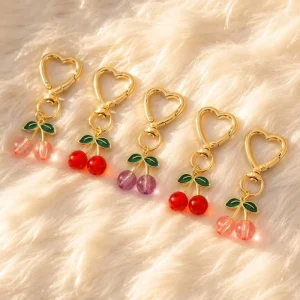 Cute Cherry Keychain Heart Shape Zinc Alloy Enamel Korean Style UV Printed Fashion Trendy Bag Charm Snap Hook Keyring For Girls