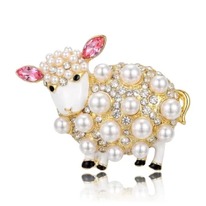 Cute Children Brooch Clothing Pins Accessories Promotional Gift Brooch Alloy Rhinestone Pearl Sheep Brooch Pin for Women