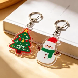 Cute Christmas Tree Snowman Clear Acrylic Keychain Custom Shape Transparent Keyring for Xmas Holiday Promotional Gift