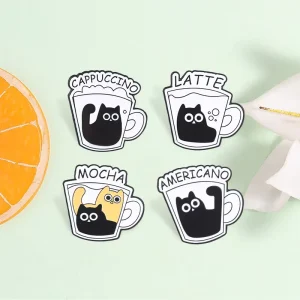 Cute Coffee Cup Black Cat Enamel Pin Americano Latte Mocha Cappuccino Kitty Brooch For Backpack Decor