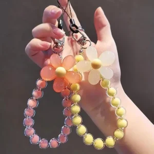 Cute Colorful Flower Beaded Lanyard Wrist Strap Bag Charm Keychain for Girls Daily Accessory Keychain