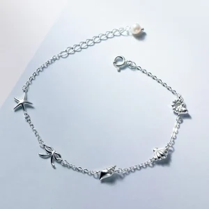 Cute Conch Starfish Shell Bowknot Shape 925 Sterling Silver Charm Bracelets