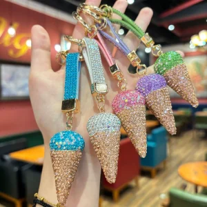 Cute Creative Bag Accessories Full Diamond Ice Cream Metal Key Chains