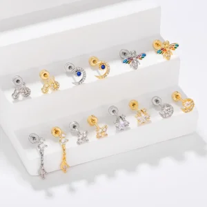 Cute Fashion Stud Earrings 18K Gold Plated Titanium Shiny Zircon Moon Star Animal Shaped Hypoallergenic Daily Wear