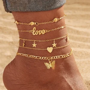 Cute Five Pointed Butterfly Heart Anklet 5 Piece Set Gold Plated Geometric Anklet for Women Summer Beach Jewelry