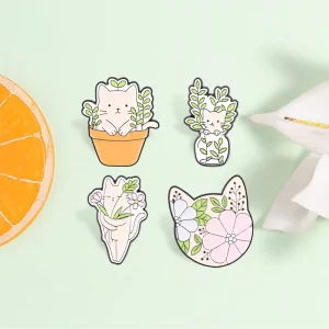 Cute Floral Cat Enamel Pin Set Plant And Flower Cat Brooch For Backpack Decoration