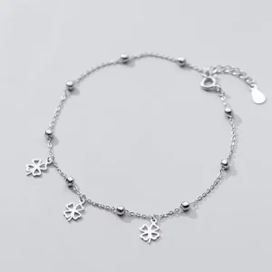Cute Four Leaf Clover Shape Small Round Beaded 925 Sterling Silver Anklets Bracelets Fashion Jewelry for Women