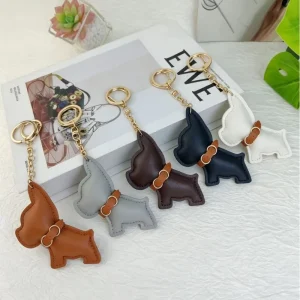 Cute French Bulldog PU Leather Keychain Minimalist Bow Collar Dog Bag Charm Fashion Animal Puppy Keyring
