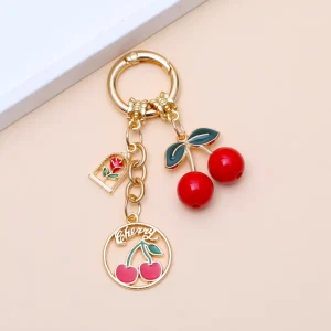 Cute Fresh and Chic Cherry Zinc Alloy Keychain European American Style Rose Bag Charm Phone Chain Pendant