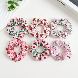 Cute Fruit Strawberry Cherry Print Scrunchies Elastic Bands Hair Ties Sweet Girls Ponytail Holder Hair Accessories for Women
