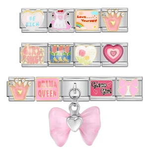 Cute Girl Power Italian Charm Links Sweet Cartoon Print Stainless Steel Bracelet Charms With Pink Bow Dangle Charm for Jewelry