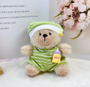 Cute Green Striped Pajama Teddy Bear with Bottle Pendant Soft Plush Toy Healing Doll