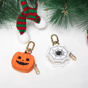 Cute Halloween Theme Leather Key Chains Bag Charms Mini Coin Purse Keychain Pumpkin Spider Web Design Gift