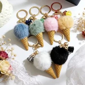 Cute Ice Cream Cone Faux Fur Pom Pom Keychain with Tassel Gold Plated Key Ring for Women Bag Charm Key Holder